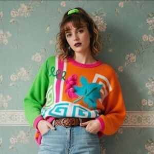 Santoria S Vintage 90s Dopamine Artsy Eclectic Embroidered 3D Knit Sweater